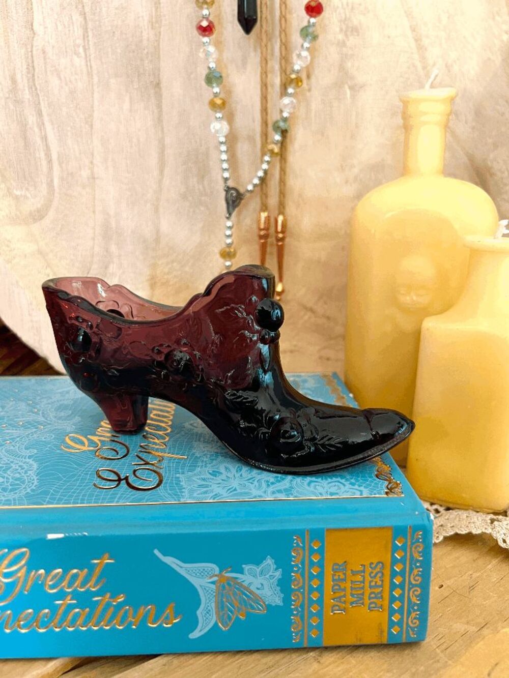 Vintage Fenton Black Amethyst Cabbage Rose Glass Slipper Shoe Art Glass
